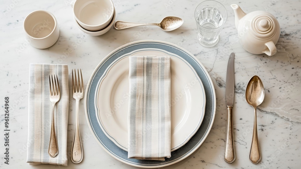 Elegant dinnerware on marble: white plates with blue trim, silver utensils, and striped napkin for a stylish setup. Elegant dinnerware on marble: white plates with blue trim, silver utensils, and striped napkin for a stylish setup.