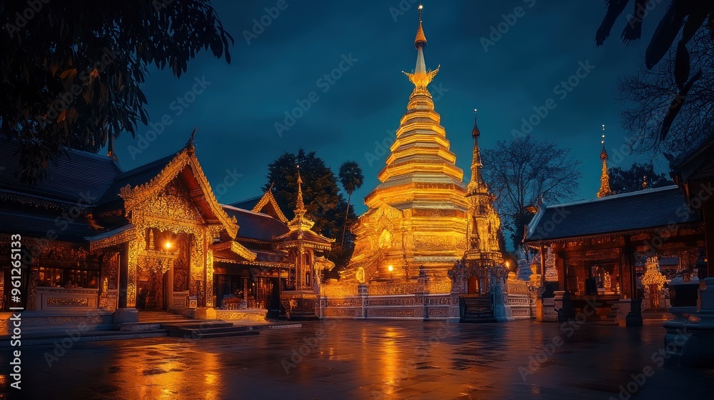 Fototapeta premium A large golden building with a large moon in the sky