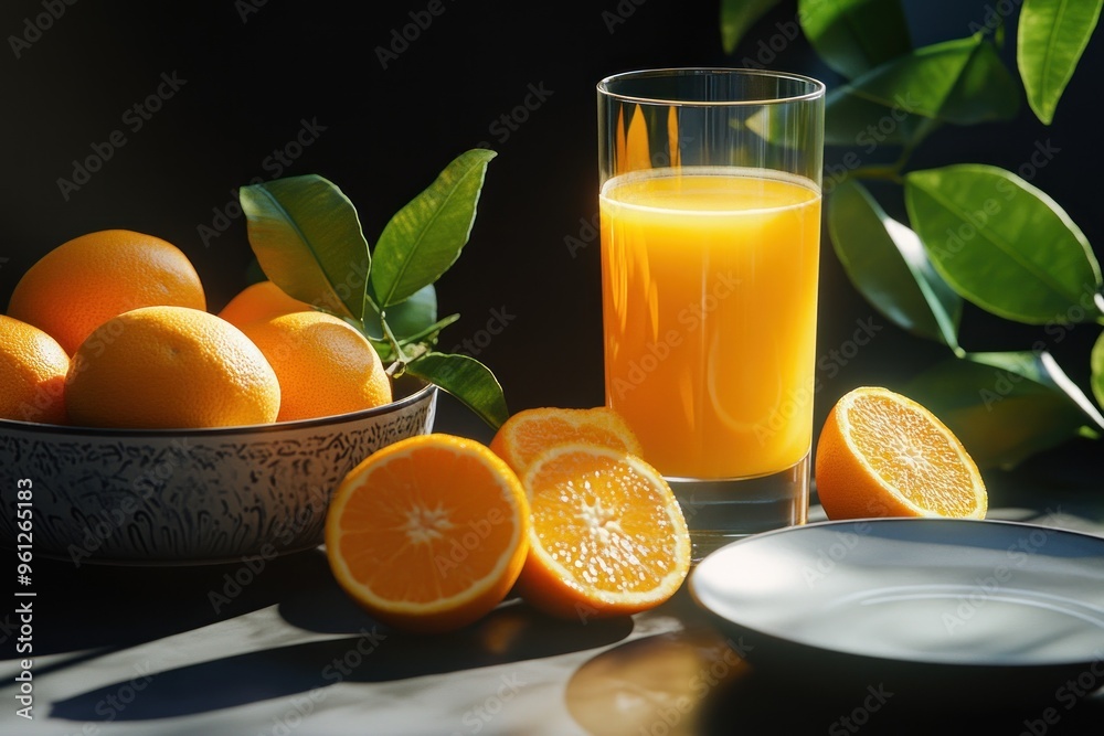 Freshly Squeezed Orange Juice with a Bowl of Oranges Freshly Squeezed Orange Juice with a Bowl of Oranges