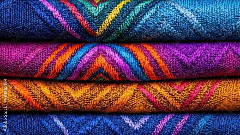 Intricate handwoven fabric, rich cultural patterns, vivid colors, close-up, bohemian, macro photography, detailed textures, artisanal craft