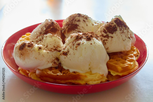 Waffles with ice-cream.