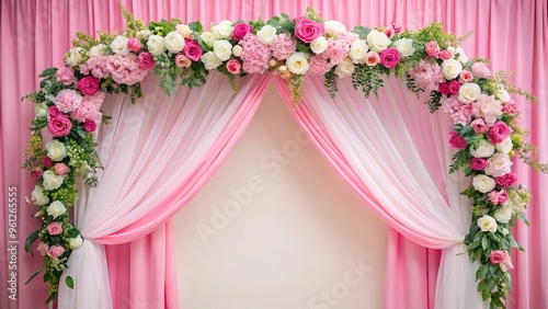 Aerial view of square arch decorated with pink fabric and fresh flowers