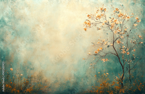  A vintage oil painting of a blooming tree branch with delicate flowers, set against an abstract background of muted green and soft blue tones. Created with Ai