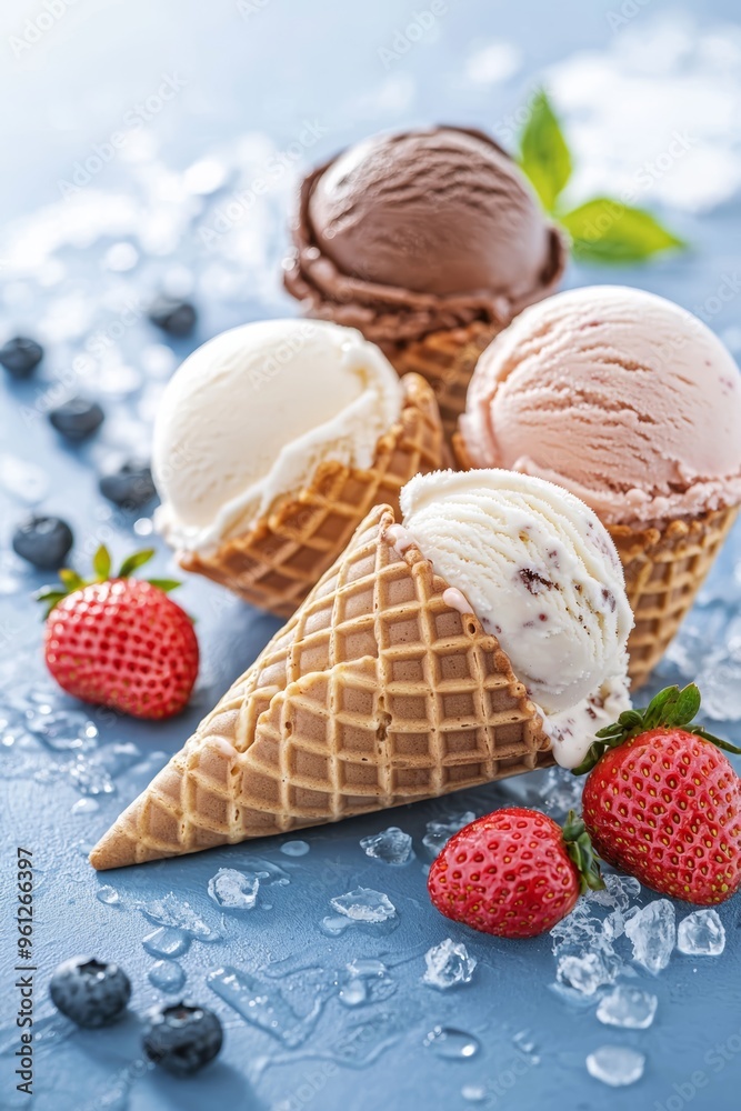 A trio of ice cream cones with different flavors chocolate, strawberry, and vanilla served on a bright summer day A trio of ice cream cones with different flavors chocolate, strawberry, and vanilla served on a bright summer day