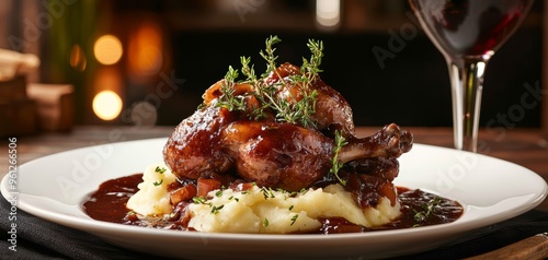 A traditional French coq au vin, with tender chicken in a rich red wine sauce, served with mashed potatoes photo