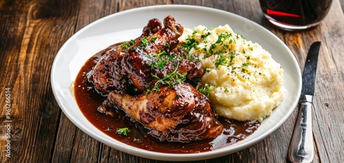 A traditional French coq au vin, with tender chicken in a rich red wine sauce, served with mashed potatoes photo