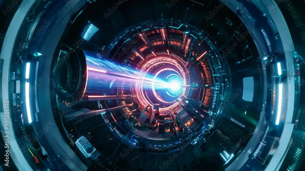 Futuristic toroidal reactor releases pulsating plasma in orbital station. Radiant energy particles drift in zero-gravity, creating a mesmerizing light show against the dark backdrop of space.	