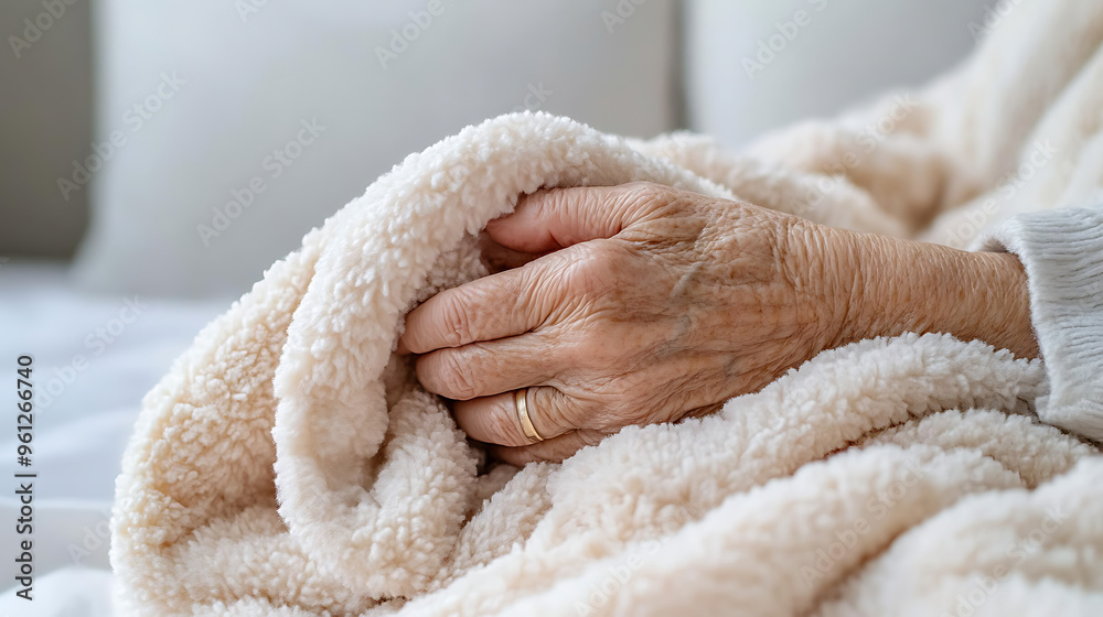 Elderly hand holding a cozy, plush blanket, portraying warmth and comfort. Perfect for themes of care, aging, and relaxation. Elderly hand holding a cozy, plush blanket, portraying warmth and comfort. Perfect for themes of care, aging, and relaxation.