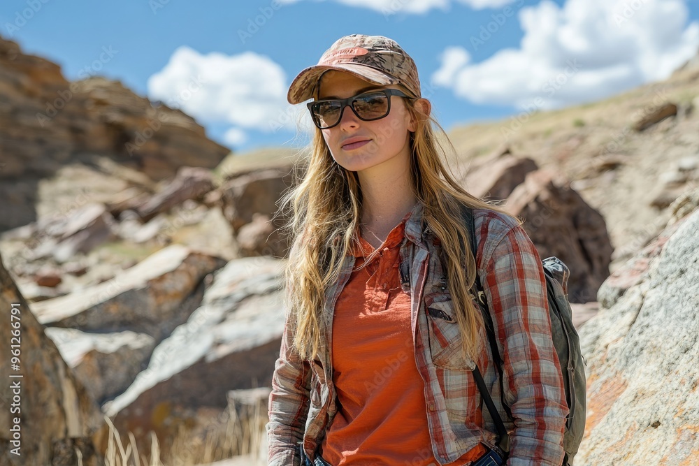 Naklejka premium Young woman standing in rocky terrain. This photo is perfect for travel, adventure, and exploration themes.