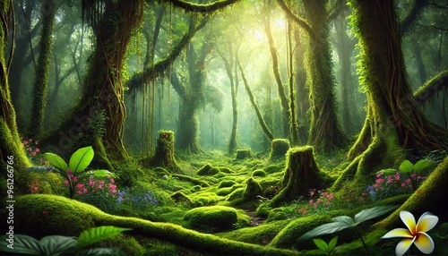 A magical and enchanting scene of a lush, green forest. The environment is vibrant, with even denser vines, ivy, and moss covering the trees and ground