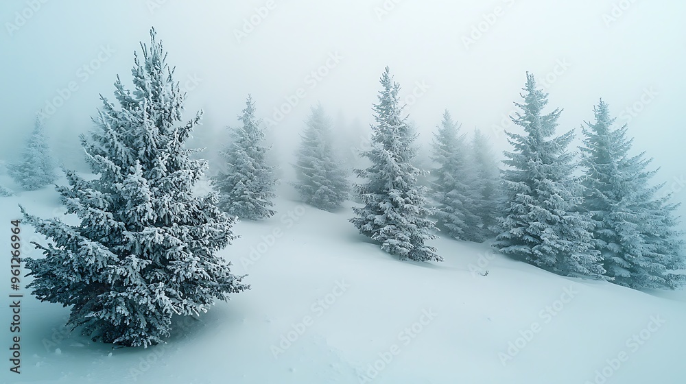 Snow-covered forest trees rise through the fog, creating a quiet, wintry scene. Snow-covered forest trees rise through the fog, creating a quiet, wintry scene.