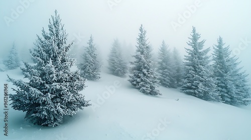 Snow-covered forest trees rise through the fog, creating a quiet, wintry scene.