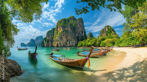 A beautiful beach with a lot of boats in the water photo