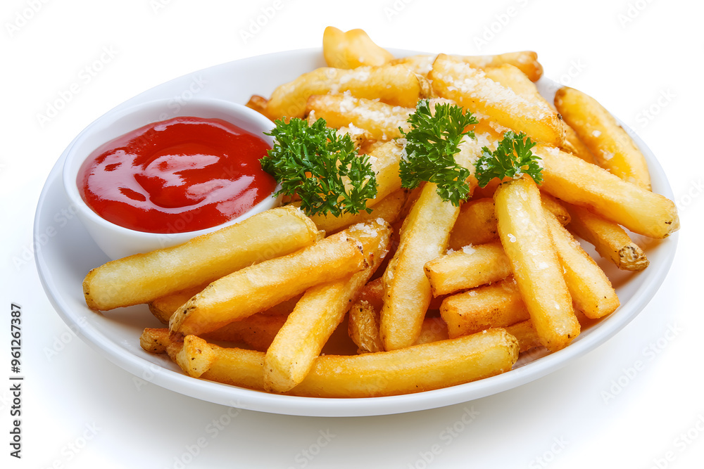 Garlic Parmesean French Fries on white plate, Isolated on White Background Garlic Parmesean French Fries on white plate, Isolated on White Background