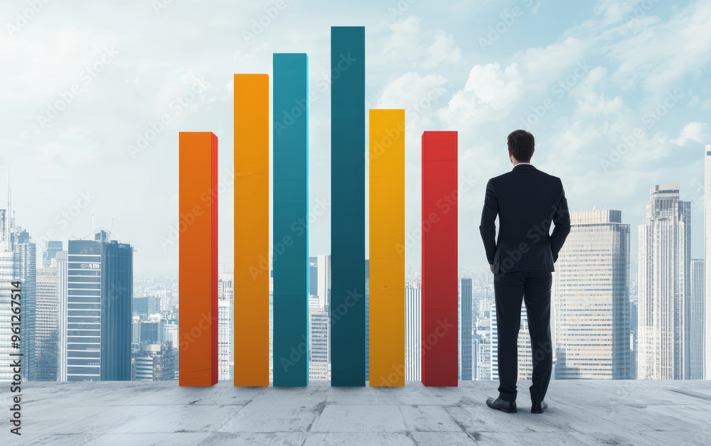 Businessperson analyzing a colorful bar graph, representing financial growth and data trends, set against a modern city skyline backdrop Businessperson analyzing a colorful bar graph, representing financial growth and data trends, set against a modern city skyline backdrop