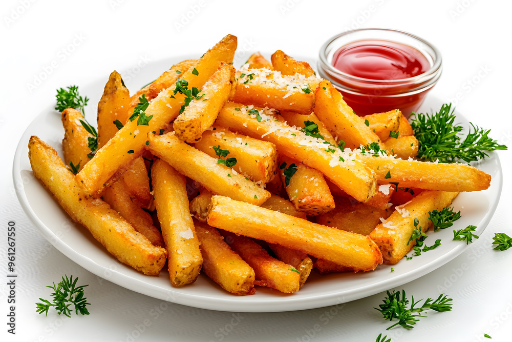 Garlic Parmesean French Fries on white plate, Isolated on White Background Garlic Parmesean French Fries on white plate, Isolated on White Background