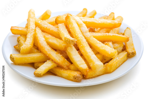 Garlic Parmesean French Fries on white plate, Isolated on White Background