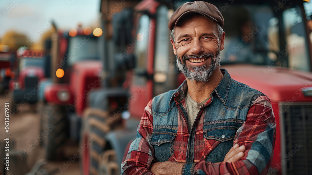 Happy mature farmer working tablets in front of tractors on site, Happy mature farmer working tablets in front of tractors on site,