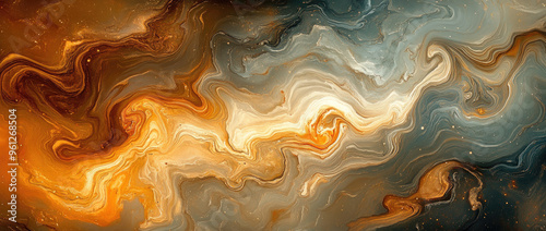 An abstract representation of Jupiter's swirling atmosphere, with swirling clouds and patterns in shades of dark gray, light brown, gold, orange, white, and blue. Created with Ai