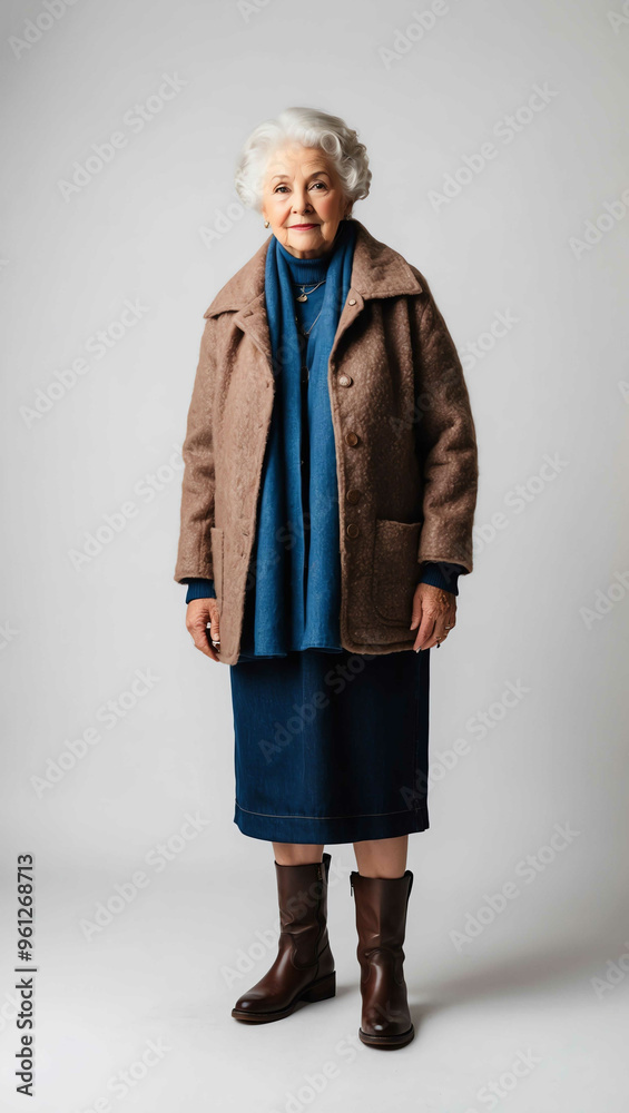 Grandmother wearing wool jacket and leather boots on plan white background Grandmother wearing wool jacket and leather boots on plan white background