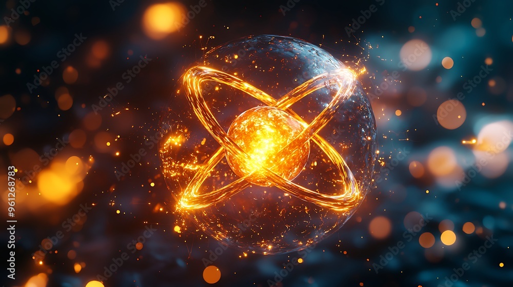 An abstract sphere encircled by glowing rings and sparks, radiating dynamic energy.