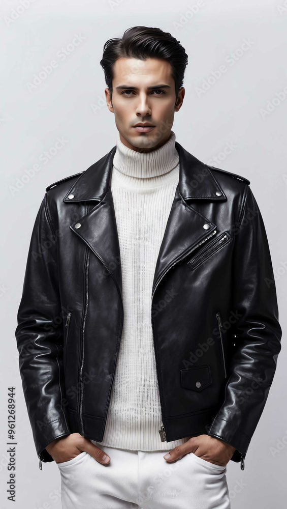 Man wearing turtleneck and leather jacket on plan white background Man wearing turtleneck and leather jacket on plan white background