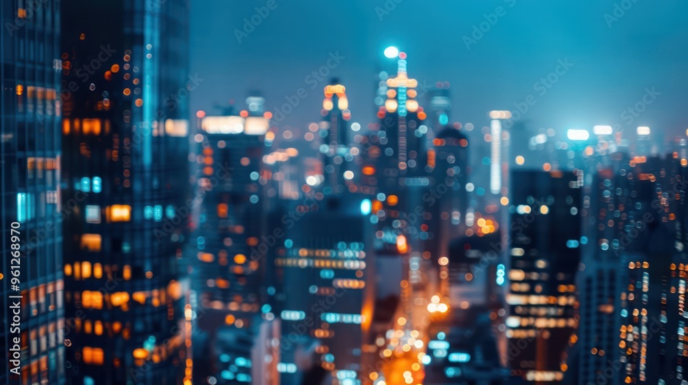 Fototapeta premium A blurred cityscape at night, showcasing illuminated skyscrapers and vibrant urban life.