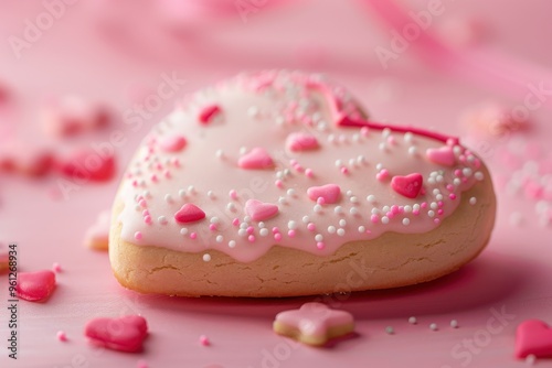 A beautiful pink cooky in a heart shape, pink background, love