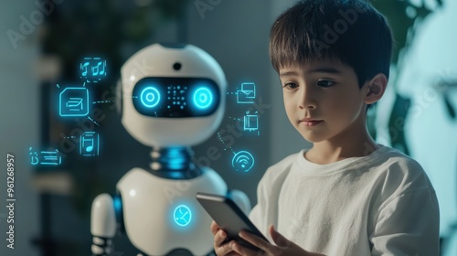 A woman is holding a tablet and standing next to a robot