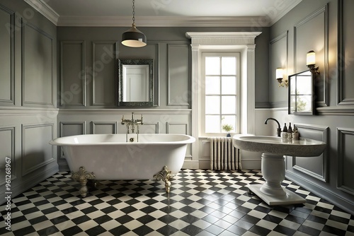 Aerial vintage black and white bathroom with clawfoot bathtub and retro pedestal sink photo