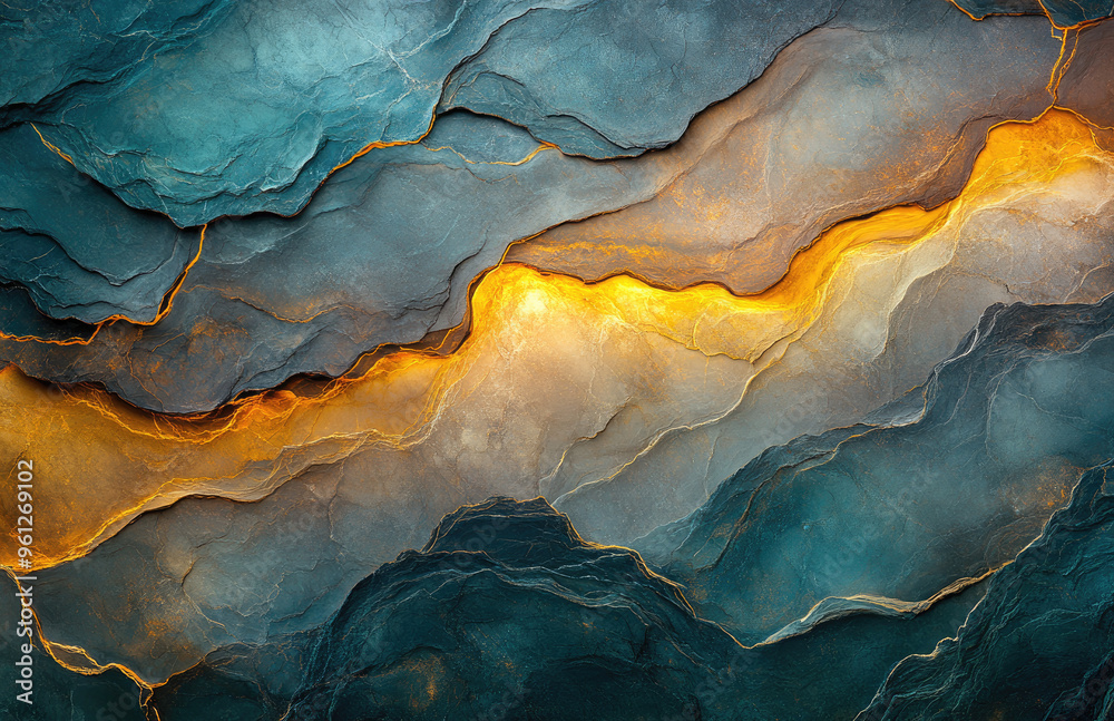 Naklejka premium Abstract background with dark blue and orange colors, wavy patterns, golden hour lighting, soft shadows. Created with Ai