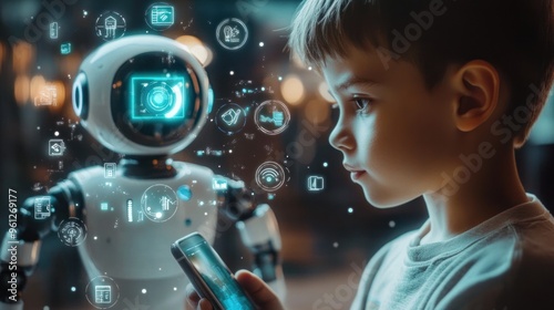 A woman is holding a tablet and standing next to a robot