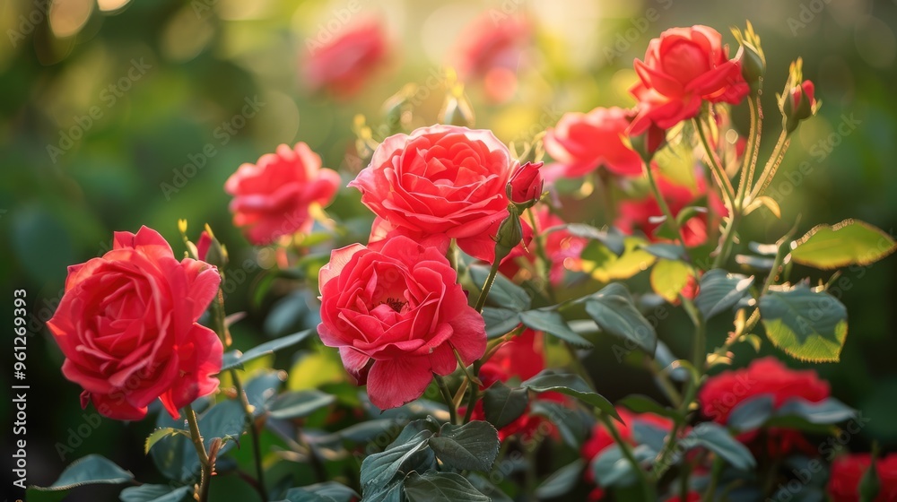 Vibrant red roses in sunlight capture in a stunning floral arrangement for greeting cards or wallpapers Vibrant red roses in sunlight capture in a stunning floral arrangement for greeting cards or wallpapers