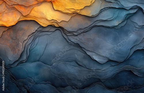 A digital art piece featuring an abstract background with fluid, flowing shapes in dark blue and yellow hues. Created with Ai