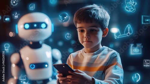 A woman is holding a tablet and standing next to a robot