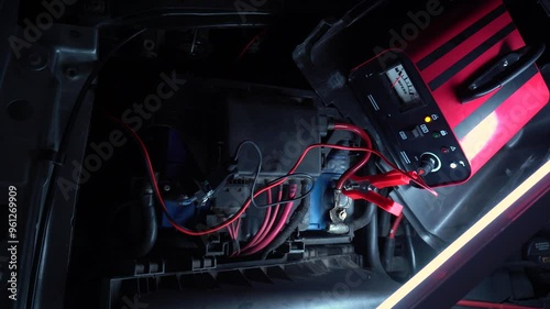 red new car battery charger with ammeter and terminals for 6 volts and 12 volts