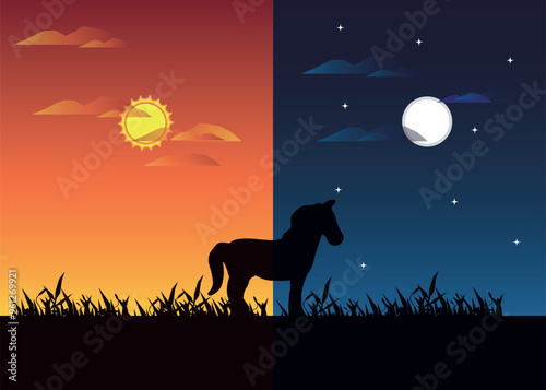 Day and Night Portrait Background with Horse Silhouette