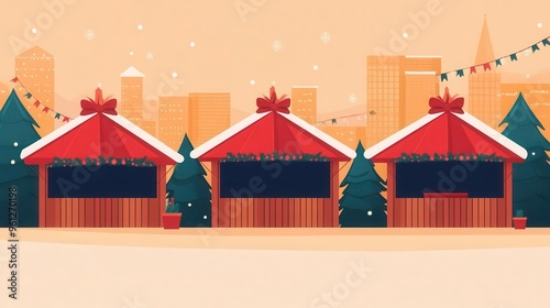 Christmas market with festive decorations, wooden stalls, flat design illustration