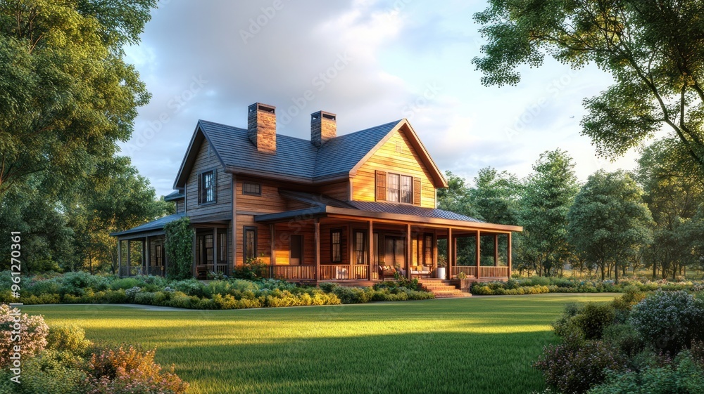 Newly Constructed Rustic Farmhouse with Wooden Exterior, Wraparound Porch, and Sprawling Green Lawn Newly Constructed Rustic Farmhouse with Wooden Exterior, Wraparound Porch, and Sprawling Green Lawn