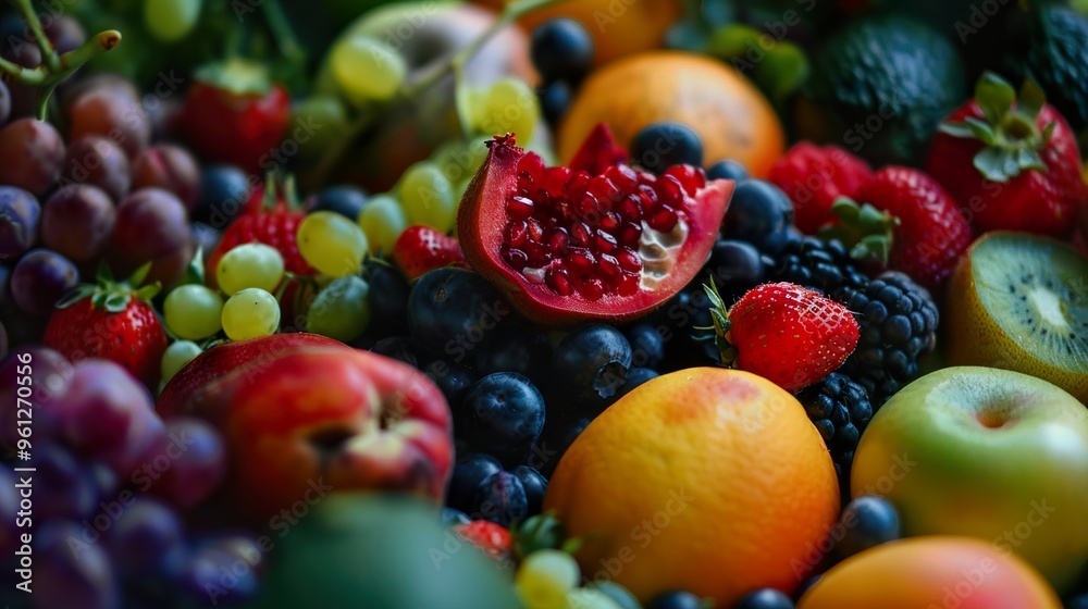 A close-up shot of a variety of fresh fruits, including grapes, strawberries, blueberries, pomegranates, kiwi, and apples. A close-up shot of a variety of fresh fruits, including grapes, strawberries, blueberries, pomegranates, kiwi, and apples.