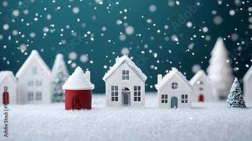 A snowy landscape with a row of small houses and a tree