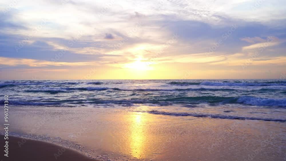 Dramatic sea sunrise or sunset sky over sea. Burning sky and shining golden waves landscape,Beautiful waves crashing on sandy shore Dramatic sea sunrise or sunset sky over sea. Burning sky and shining golden waves landscape,Beautiful waves crashing on sandy shore