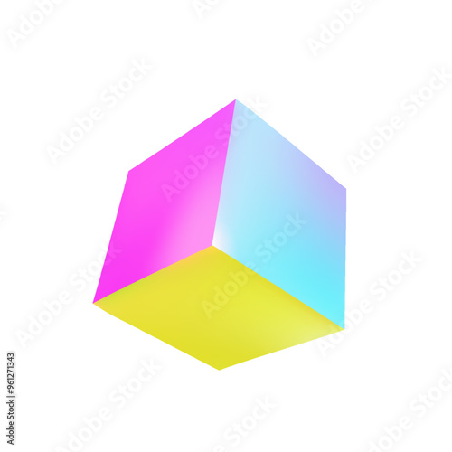 3d cube. Neon cube isolated on transparent background. 3d holographic primutive shape