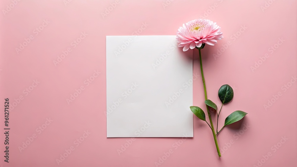 A minimalistic composition featuring a paper, a flower, a plant, and a soft pink background A minimalistic composition featuring a paper, a flower, a plant, and a soft pink background