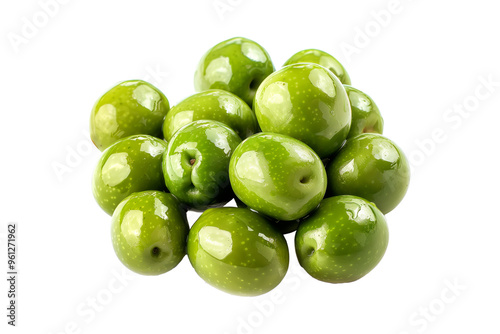 Closeup of fresh, glossy Castelvetrano olives with green leaves, isolated on a white transparent background. Concept of healthy eating and Mediterranean cuisine