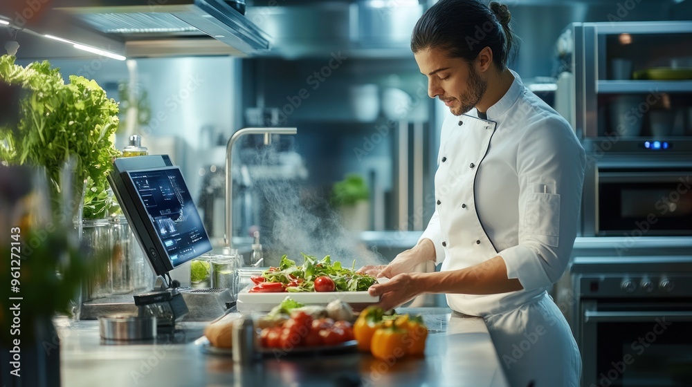 A woman is working in a kitchen with other chefs A woman is working in a kitchen with other chefs