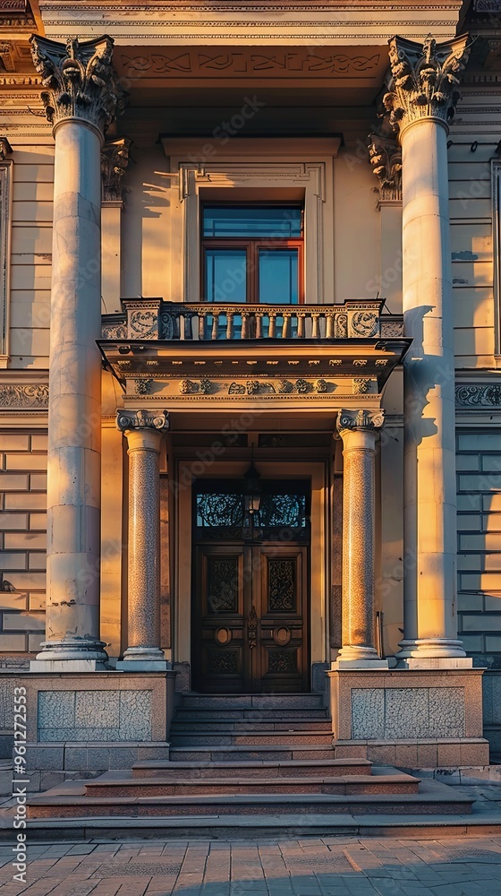 Fototapeta premium An ornate entrance to a building with two columns, a balcony, and a wooden door.
