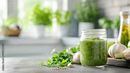 Modern kitchen counter with a jar of salsa verde, surrounded by tomatillos, garlic, and onions. photo