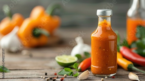 Bottle of fiery habanero hot sauce with whole habanero peppers, garlic, and lime on a rustic wooden table.