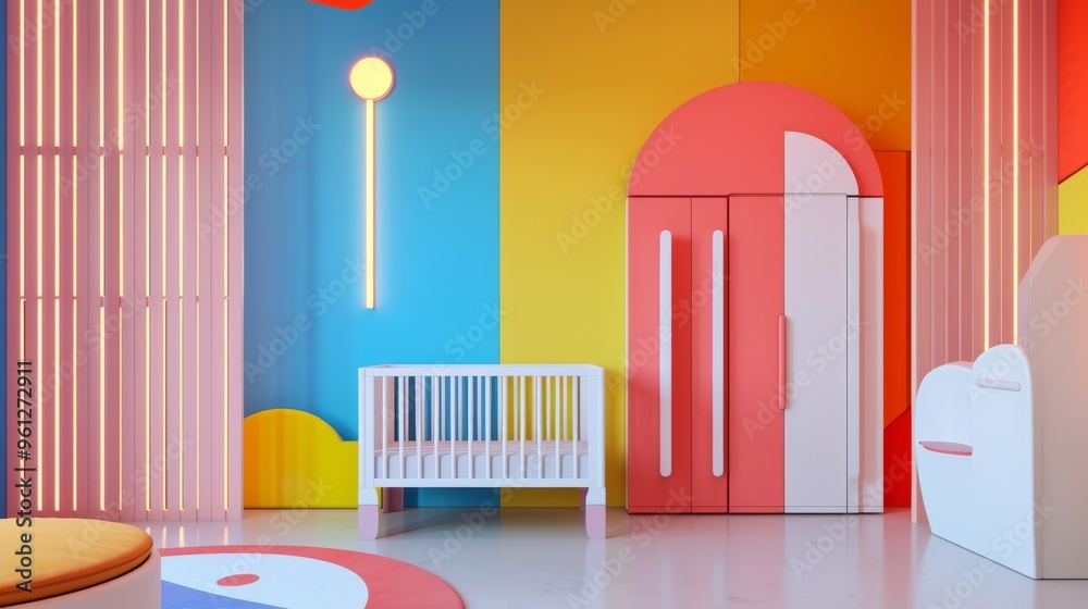 A minimalist nursery featuring a white crib and bright, playful accents against a vibrant backdrop. The room's clean lines and cheerful colors create a soothing yet stimulating environment for a baby.